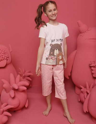 Sevimli Ayıcık Baskılı Kız Çocuk Pijama Takım